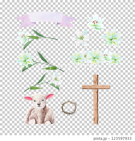 Wooden cross, lamb, crown of thorns, lilies and ribbon banner watercolor set isolated on white. Illustrations perfect for Easter, Holy Thursday, christening baptism, wedding cards, stickers decor 123597933