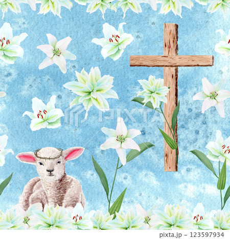 Wooden cross with lily garland and a lamb watercolor seamless pattern on textured blue background. Illustration perfect for Easter, Holy Thursday, baptism, church wedding cards decor design Wooden cross with lily garland and a lamb watercolor seamless pattern on textured blue background. Illustration perfect for Easter, Holy Thursday, baptism, church wedding cards decor design 123597934
