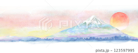 富士山と朝日の水彩イラスト 123597995