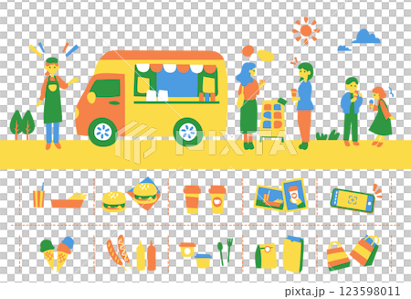 Food truck and people enjoying a meal 123598011