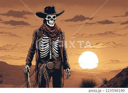 荒野に立つガイコツのカウボーイ 123598190
