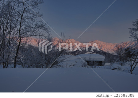 美しい白馬三山のモルゲンロートと霧氷　長野県白馬村 123598309