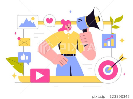 Digital Online Marketing Vector Illustration Featuring Business Analysis, Content Strategy, Ad Targeting, and Management in a Flat Cartoon Background 123598345