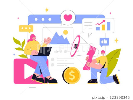 Digital Online Marketing Vector Illustration Featuring Business Analysis, Content Strategy, Ad Targeting, and Management in a Flat Cartoon Background 123598346
