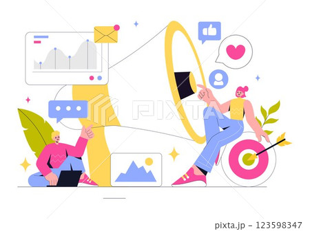 Digital Online Marketing Vector Illustration Featuring Business Analysis, Content Strategy, Ad Targeting, and Management in a Flat Cartoon Background 123598347