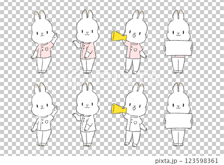 一組手繪插圖，描繪了兔子護士角色的各種引導姿勢 123598361