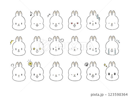 様々な表情のうさぎのキャラクターの手書きイラストアイコンセット 123598364