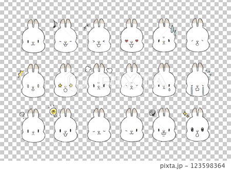 様々な表情のうさぎのキャラクターの手書きイラストアイコンセット 123598364