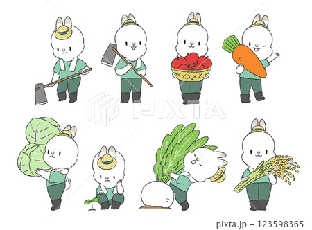 畑にいる農家のうさぎのキャラクターと野菜の手書きイラストセット 123598365