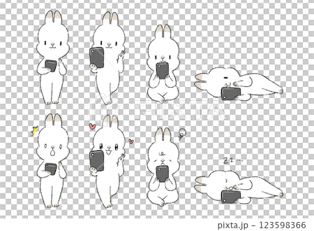 スマートフォンを使ううさぎのキャラクターの手書きイラストセット 123598366