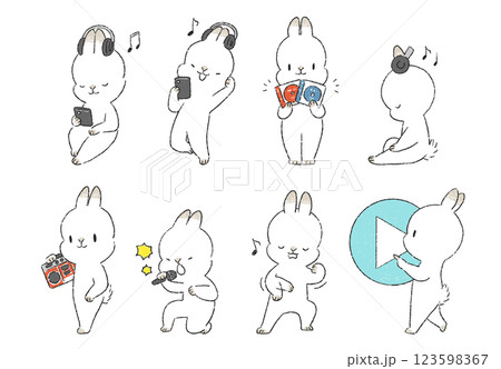 音楽を聴いているうさぎのキャラクターの手書きイラストセット 音楽を聴いているうさぎのキャラクターの手書きイラストセット 123598367