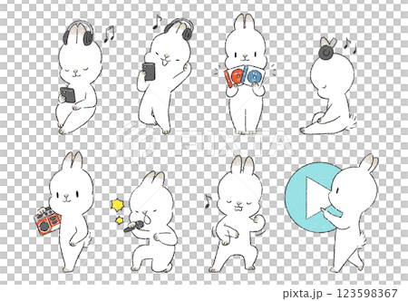 音楽を聴いているうさぎのキャラクターの手書きイラストセット 音楽を聴いているうさぎのキャラクターの手書きイラストセット 123598367