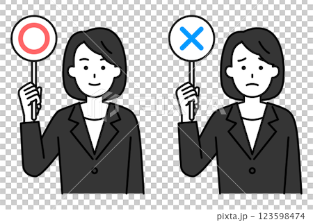 A woman in a black suit holding up a placard with a circle or cross mark A woman in a black suit holding up a placard with a circle or cross mark 123598474