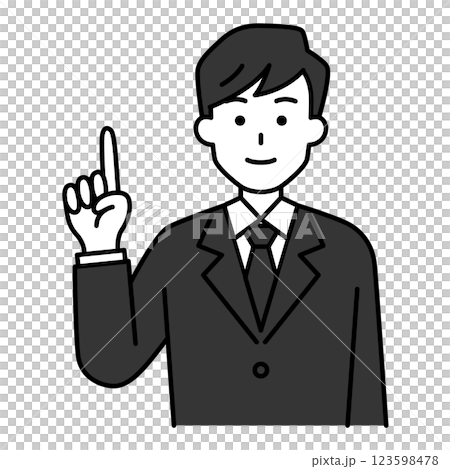 A man in a black suit explaining with his index finger up 123598478