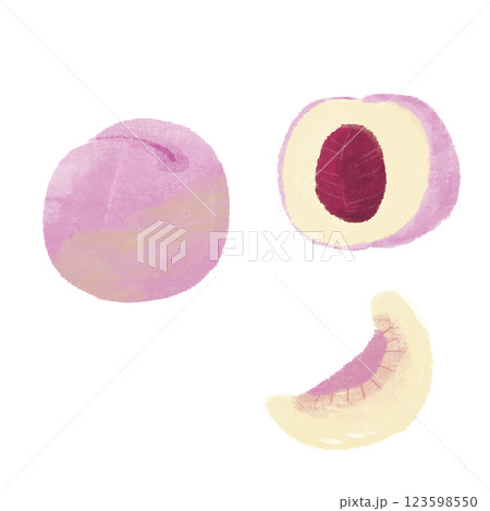 ももの様々な切り方の手描きカラーイラストセット ももの様々な切り方の手描きカラーイラストセット 123598550