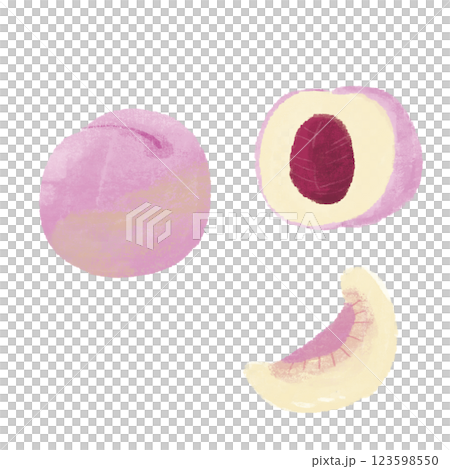 ももの様々な切り方の手描きカラーイラストセット ももの様々な切り方の手描きカラーイラストセット 123598550