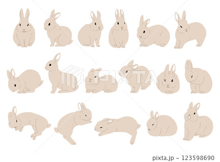 様々なポーズの茶色いうさぎのイラストセット 様々なポーズの茶色いうさぎのイラストセット 123598690