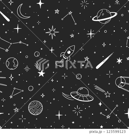 Space star vector seamless pattern. Hand drawn doodle sketch line style galaxy planet star, rocket, moon cute kid seamless pattern. Space planet kid doodle background. Vector 123599123