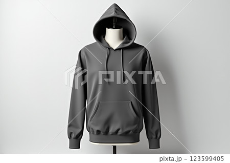 Minimalist gray hoodie sweatshirt mockup for apparel design and fashion branding. AI generation 123599405