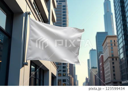 Urban flag mockup against modern cityscape for design and branding. AI generation 123599434