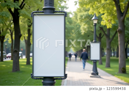 Blank mockup billboard on park pathway for advertisement design, digital marketing, urban decor. AI generation 123599438