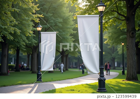 Outdoor park advertisement banners on lamp posts in scenic greenery. AI generation 123599439