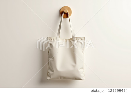 Minimalist white tote bag hanging on wooden hook for modern design mockups. AI generation 123599454
