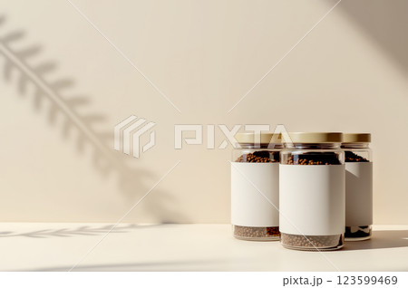 Elegant modern product mockup design with minimalist jars for packaging concepts. AI generation 123599469