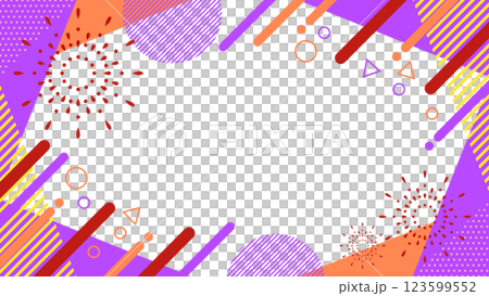 帶有煙火的抽象幾何框架材料傳單、網頁、影片背景 16:9 尺寸紫色黃色 123599552