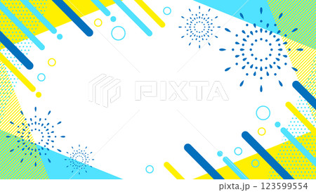 打ち上げ花火入り 抽象的な幾何学模様のフレーム素材 チラシ・Web・動画背景16:9サイズ 水色黄色 123599554