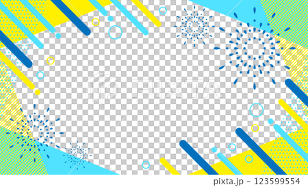 打ち上げ花火入り 抽象的な幾何学模様のフレーム素材 チラシ・Web・動画背景16:9サイズ 水色黄色 123599554