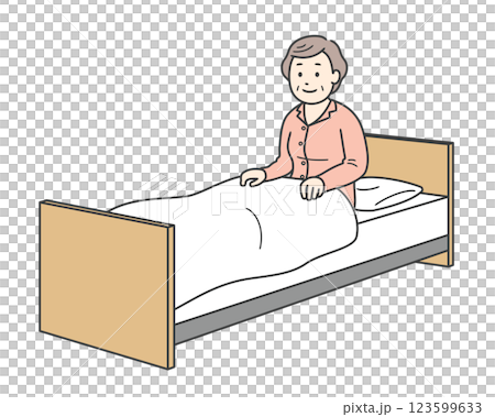 ベッドから起き上がるパジャマ姿で笑顔の高齢女性と介護ベッド 123599633