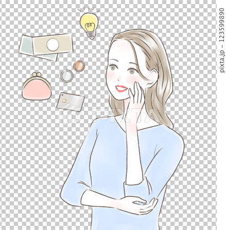 A woman who is satisfied with household finances while resting her chin on her hands 123599890