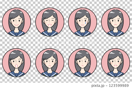 女子学生の喜怒哀楽・様々な表情のアイコンセット　ピンク 123599989