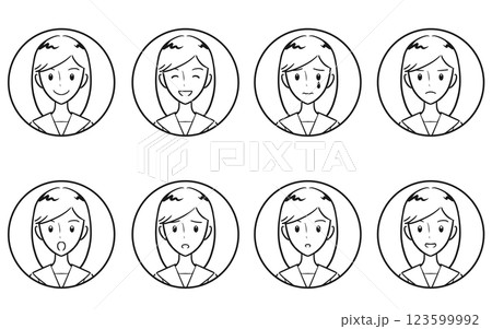 女子学生の喜怒哀楽・様々な表情のアイコンセット　線画 123599992
