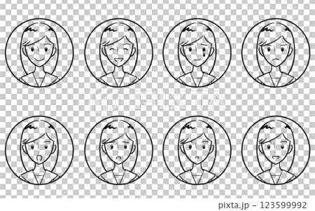 女子学生の喜怒哀楽・様々な表情のアイコンセット　線画 123599992