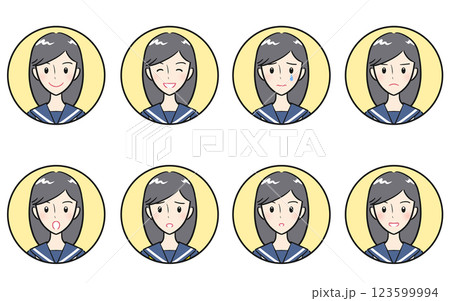 女子学生の喜怒哀楽・様々な表情のアイコンセット　イエロー 123599994