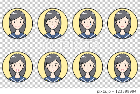女子学生の喜怒哀楽・様々な表情のアイコンセット　イエロー 123599994