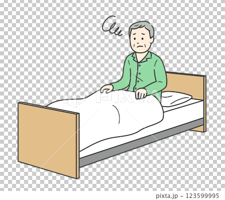 ベッドから起き上がるパジャマ姿で睡眠に悩む高齢男性と介護ベッド 123599995