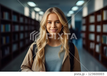 Confident High School Student Smiling Blond Girl with Backpack and Books in Modern Campus Library Setting. created with Generative AI 123600003