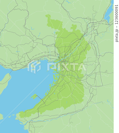 日本の大阪府と隣接する都道府県を含む、緑色のシンプルなロードマップ 123600091