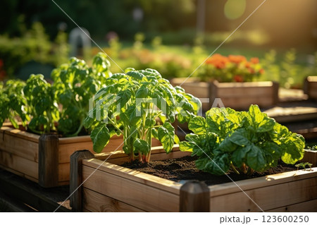 Sustainable Urban Gardening Wooden Raised Beds in Modern Garden Cultivating a Variety of Plants, Herbs, Spices, and Vegetables in a Community Urban. created with Generative AI 123600250
