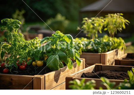 Sustainable Urban Gardening Wooden Raised Beds in Modern Garden Cultivating a Variety of Plants, Herbs, Spices, and Vegetables in a Community Urban. created with Generative AI 123600251