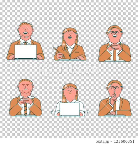 工作男性和女性的一組面部表情 工作男性和女性的一組面部表情 123600351