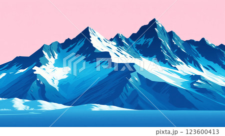 High mountain peaks with snow under pink sky. AI generation 123600413