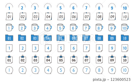 数字とフレームセット　シンプル　番号　ナンバー　イラスト　飾り罫　あしらい　ベクター　素材　アイコン 123600523