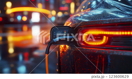 Electric car with charging cable connected to charging station in urban setting Electric car with charging cable connected to charging station in urban setting 123600629