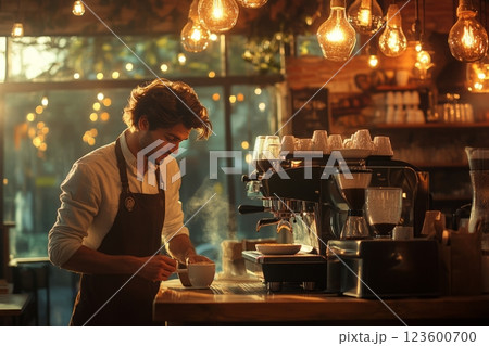 Man in a modern kitchen preparing food with...のイラスト素材 [123600700] - PIXTA