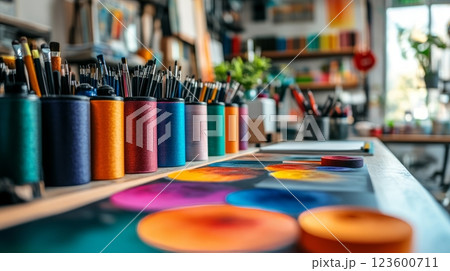 Table with various colorful art supplies including paints brushes and markers 123600711