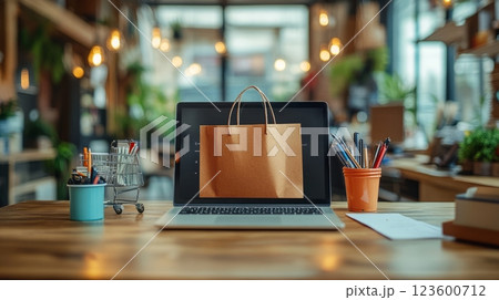 Laptop computer placed on a wooden table with natural light illuminating the workspace 123600712